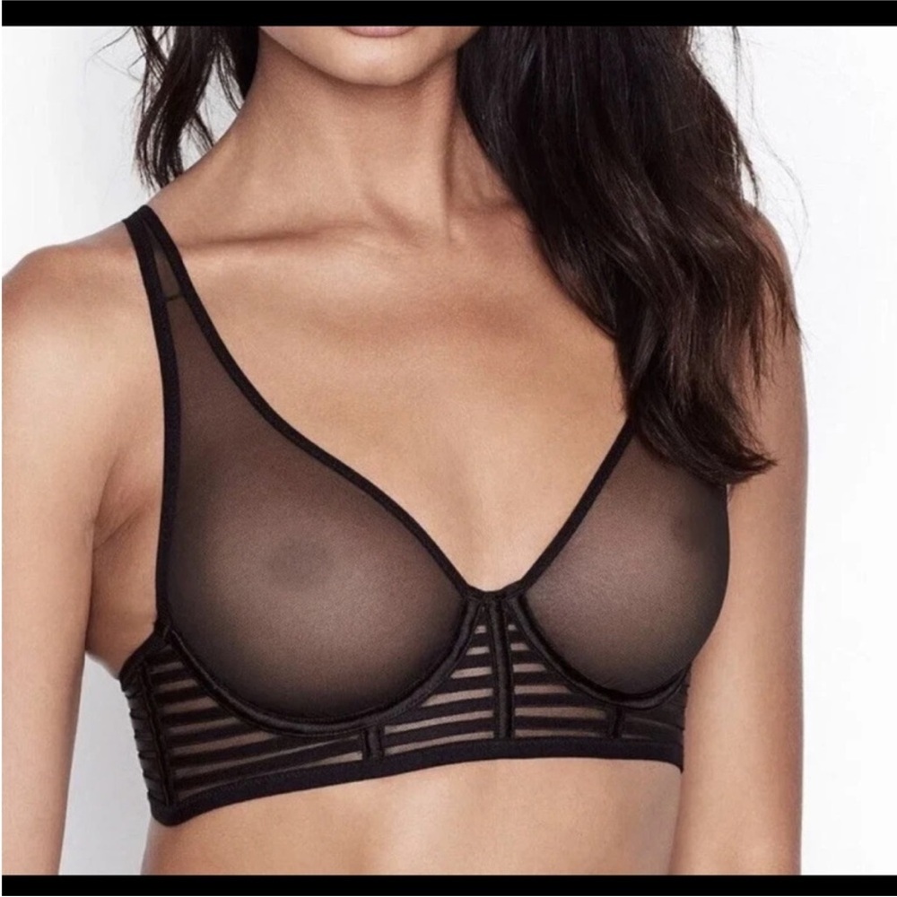 Victorias Secret Luxe Lingerie Unlined Mesh Full Coverage Plunge Bra Black 32S